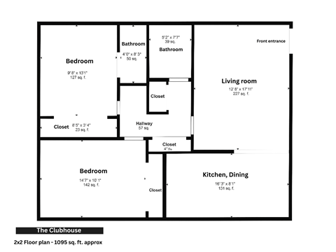 Floor plan for 2 beds, 1 bath, 1385 sqft